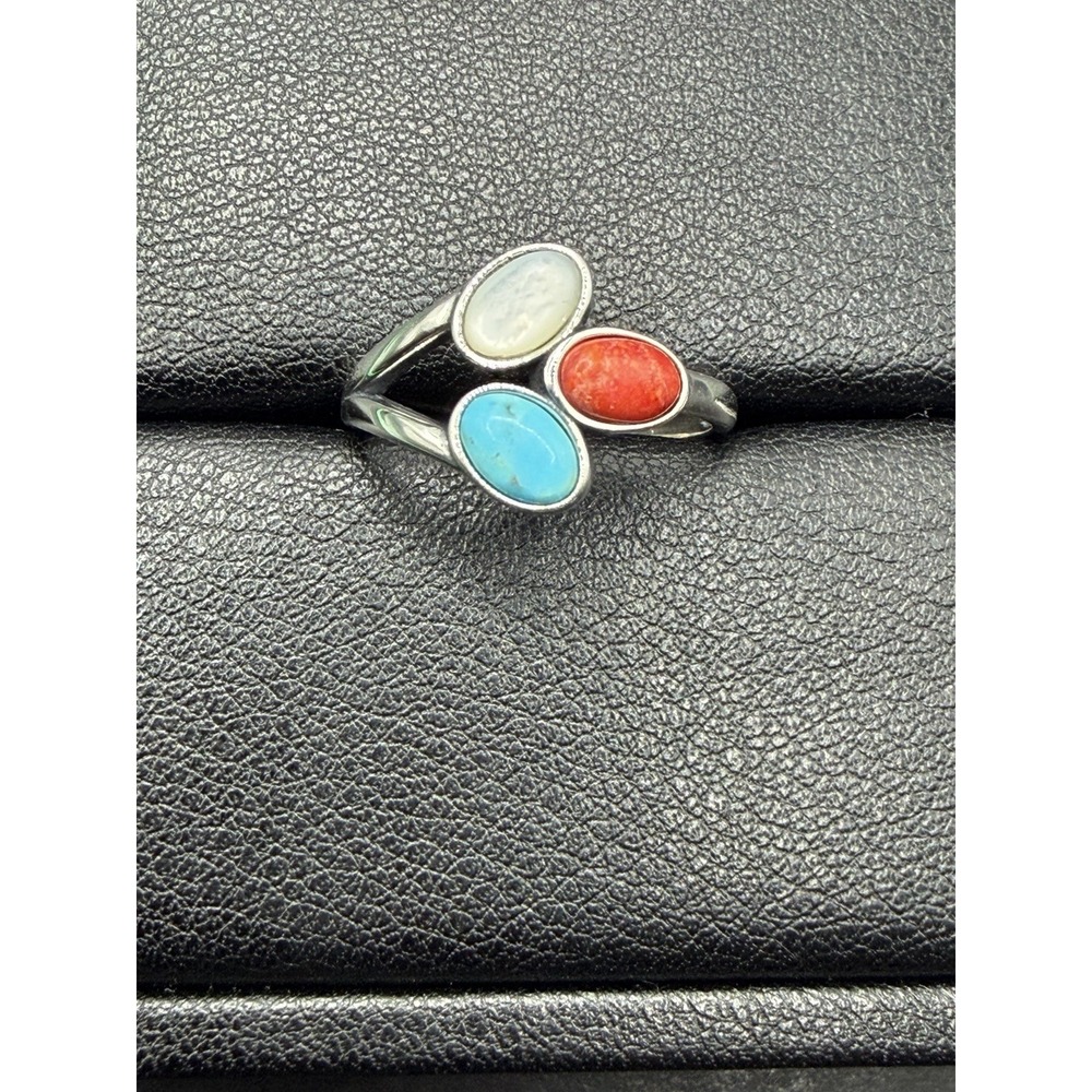 New Condition Sterling Silver Coral Turquoise Pearl Ring Size 7 J9